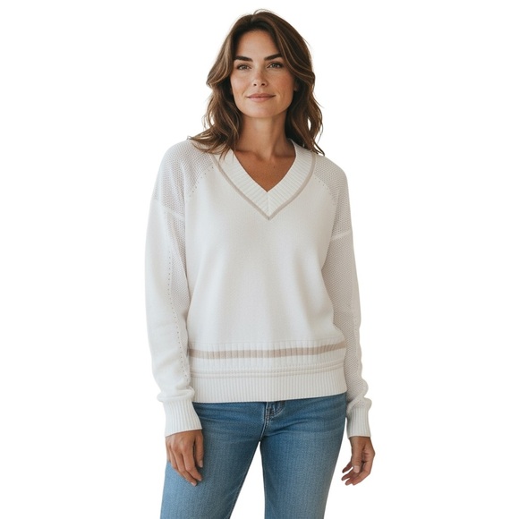 Bogner made in turkey luxurious White V-Neck Sweater ribbed tennis size small - Picture 2 of 8